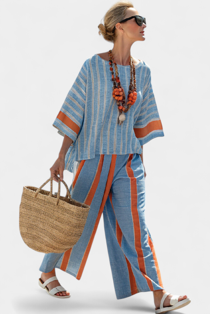 Ava | Terracotta Striped Linen Trouser Set