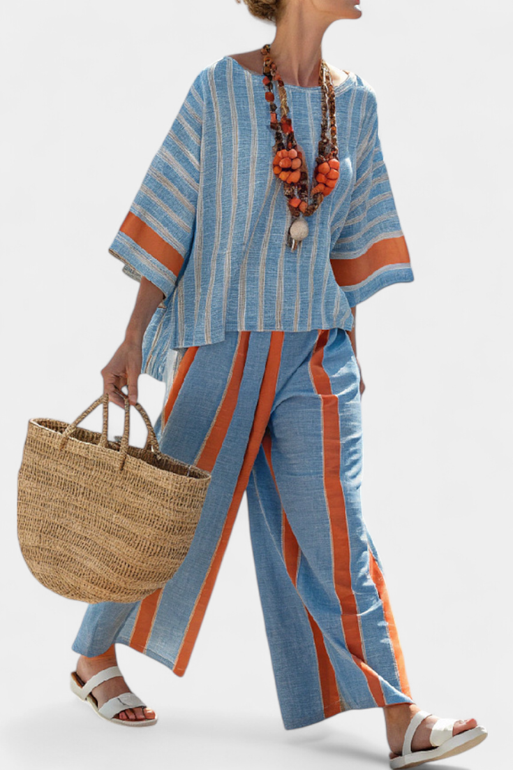 Ava | Terracotta Striped Linen Trouser Set