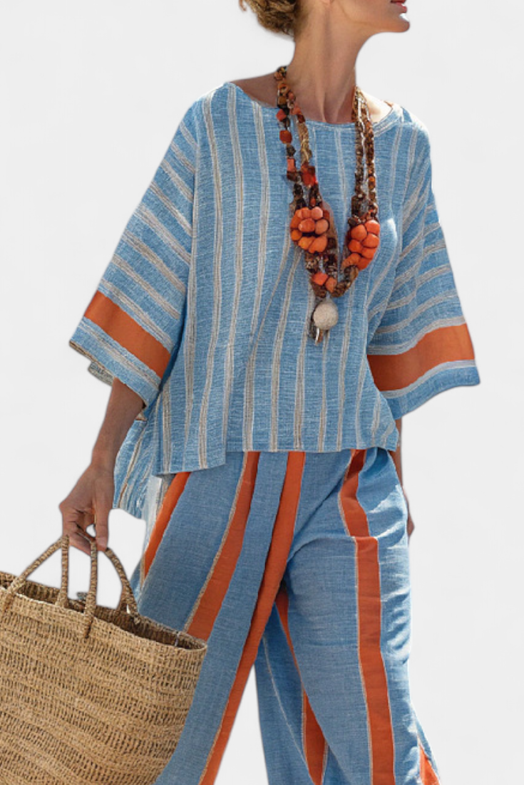 Ava | Terracotta Striped Linen Trouser Set