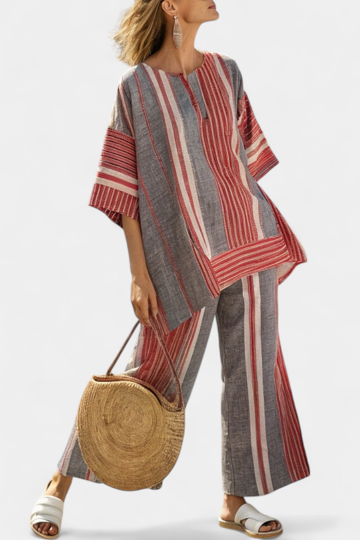 Layla | Coral and Grey Wide-Leg Trouser Set