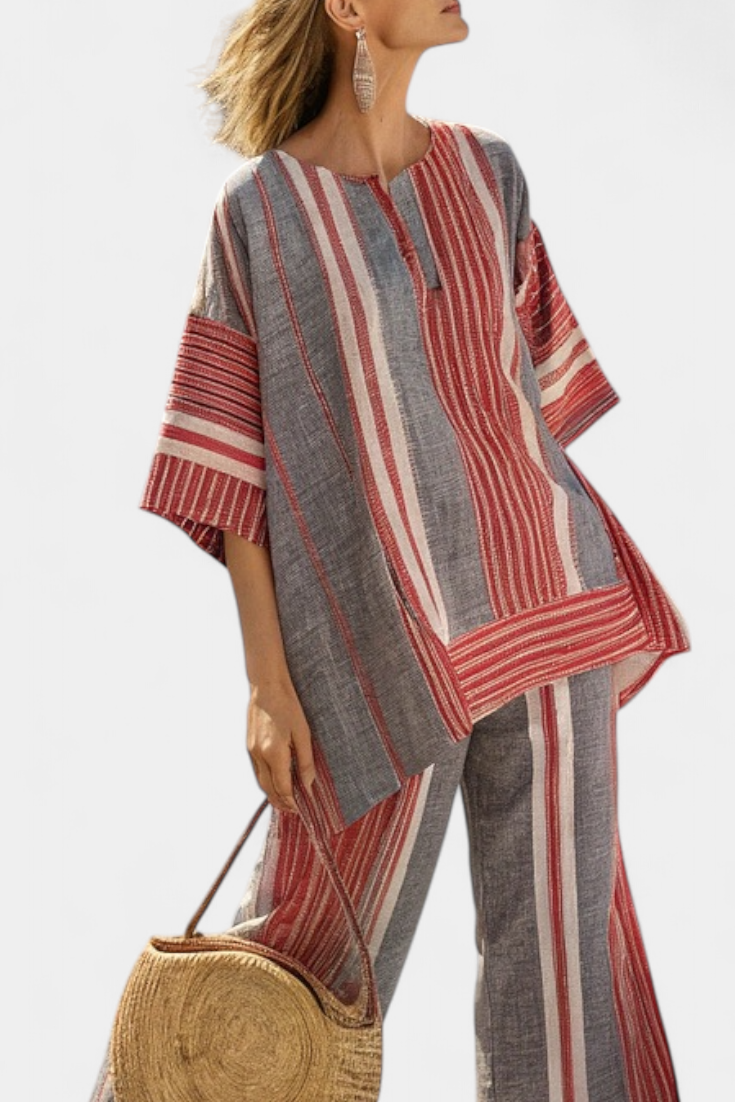 Layla | Coral and Grey Wide-Leg Trouser Set