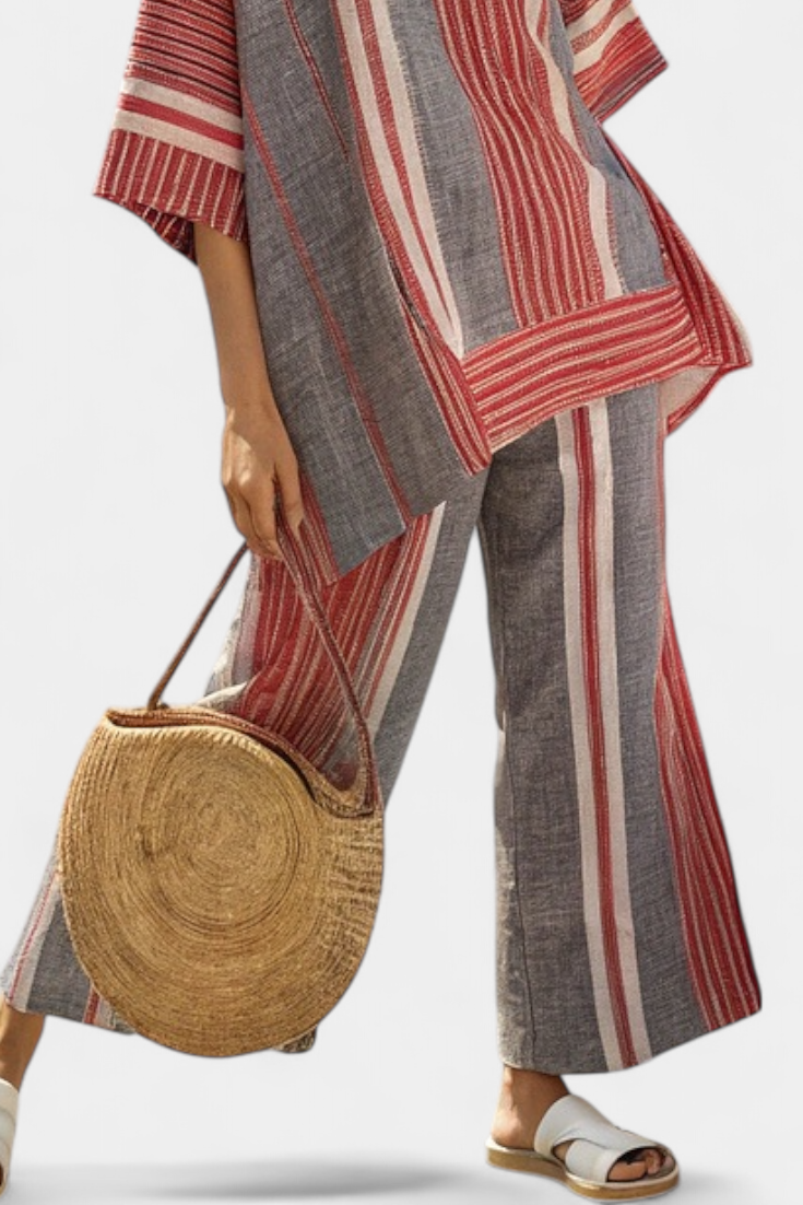 Layla | Coral and Grey Wide-Leg Trouser Set