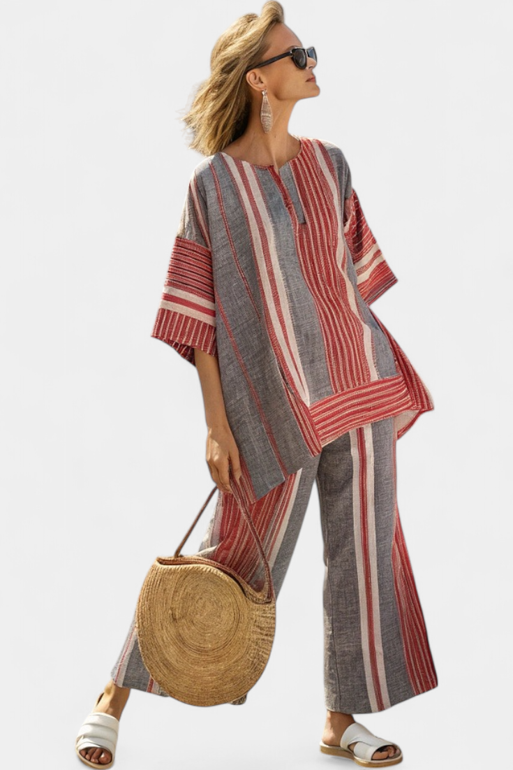 Layla | Coral and Grey Wide-Leg Trouser Set