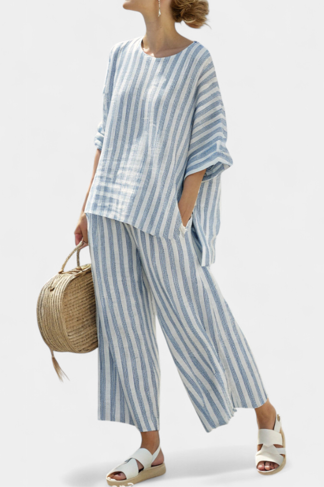 Isabella | Blue Striped Linen Trouser Set