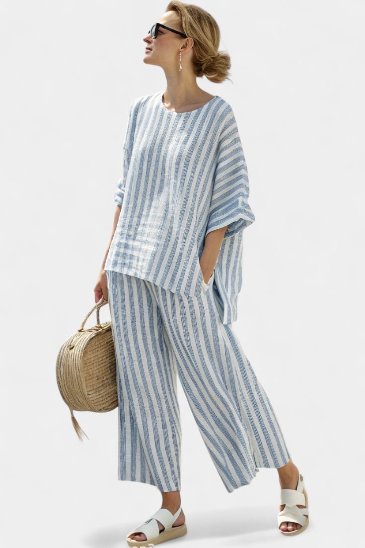 Isabella | Blue Striped Linen Trouser Set