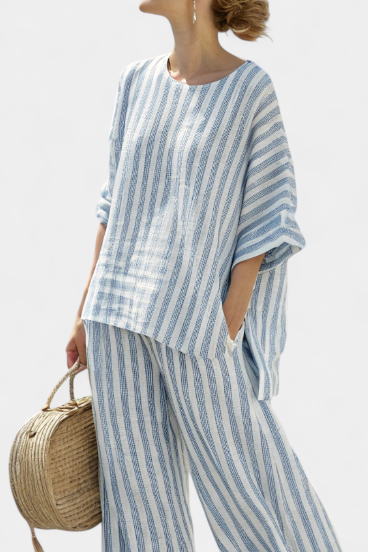 Isabella | Blue Striped Linen Trouser Set