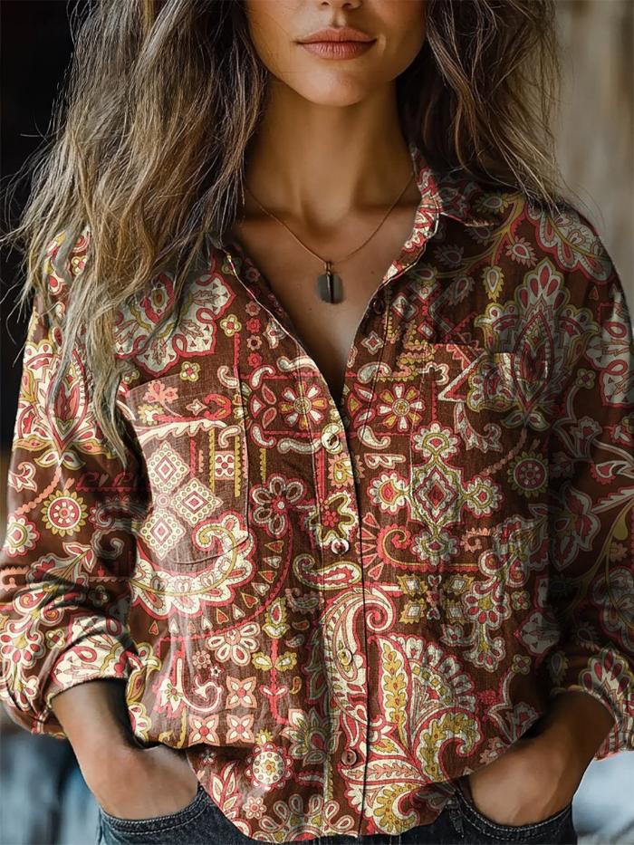 Leah | Ethnic-Print Long-Sleeve Blouse