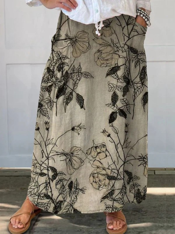 Chloe | Retro Floral Art Linen Skirt