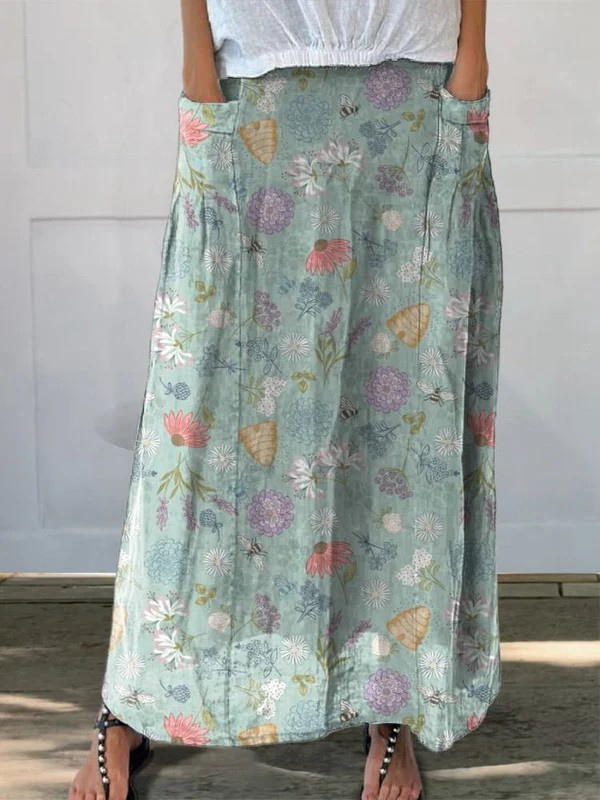 Daisy | Blooming Floral and Bumble Bee Linen Skirt