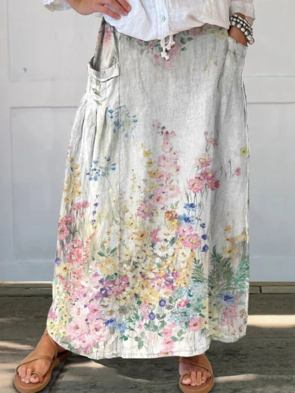 Ella | Retro Elegant Floral Art Linen Skirt
