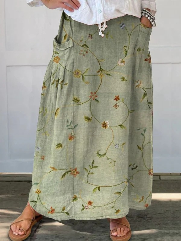 Victoria | Retro Floral Art Linen Skirt