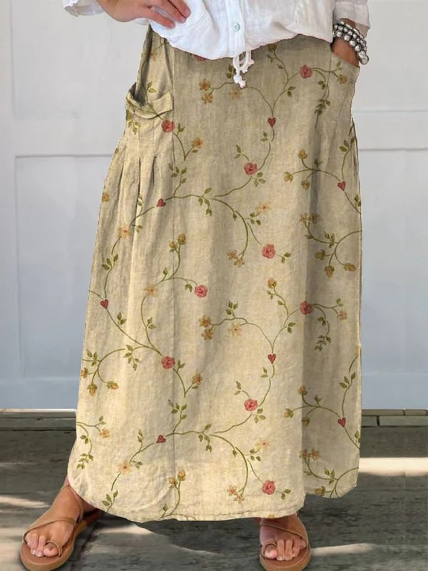 Emily | Retro Floral Art Linen Skirt
