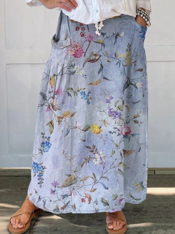 Riley | Vintage Blue Print Linen Skirt