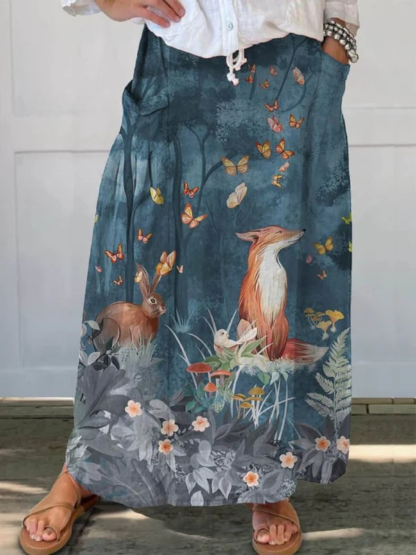 Sophia | Vintage Floral and Animals Art Linen Skirt