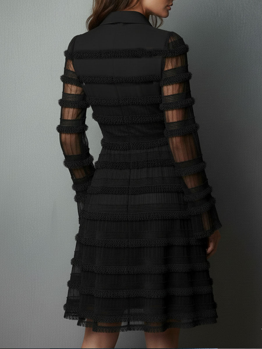 Adalyn | Black Fringe Textured Sheer Layered Mini Dress