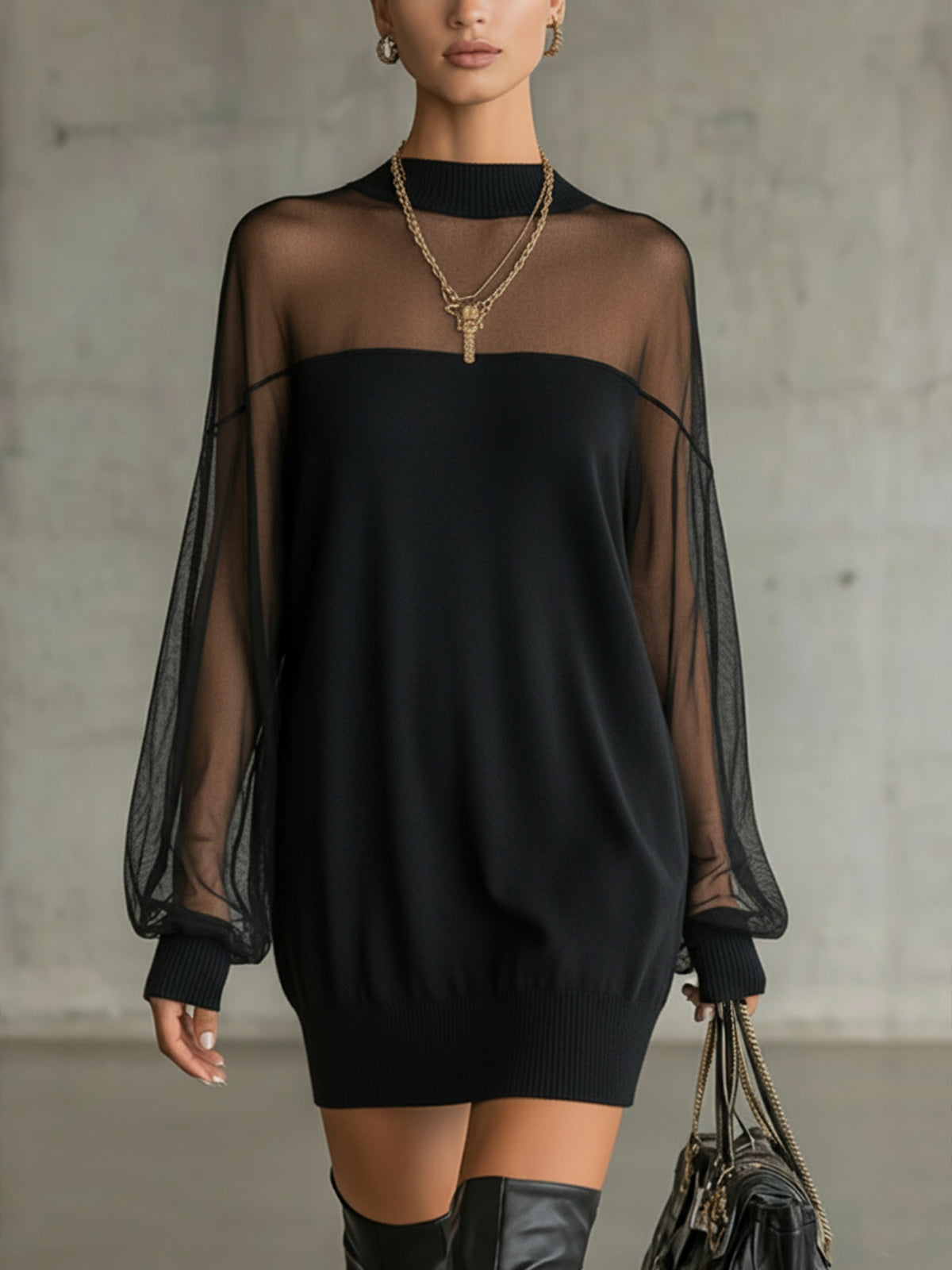 Juliana | Black Mesh Sleeve High-Neck Mini Dress