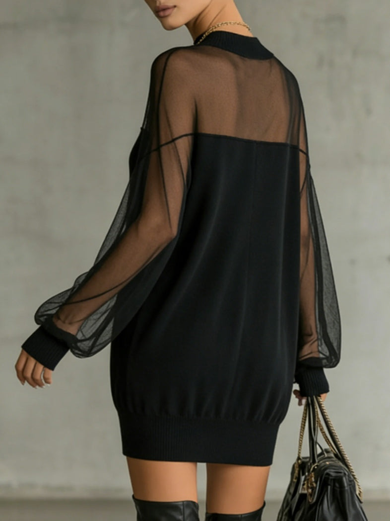 Juliana | Black Mesh Sleeve High-Neck Mini Dress