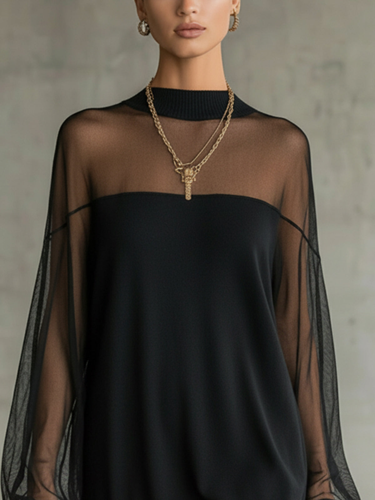 Juliana | Black Mesh Sleeve High-Neck Mini Dress
