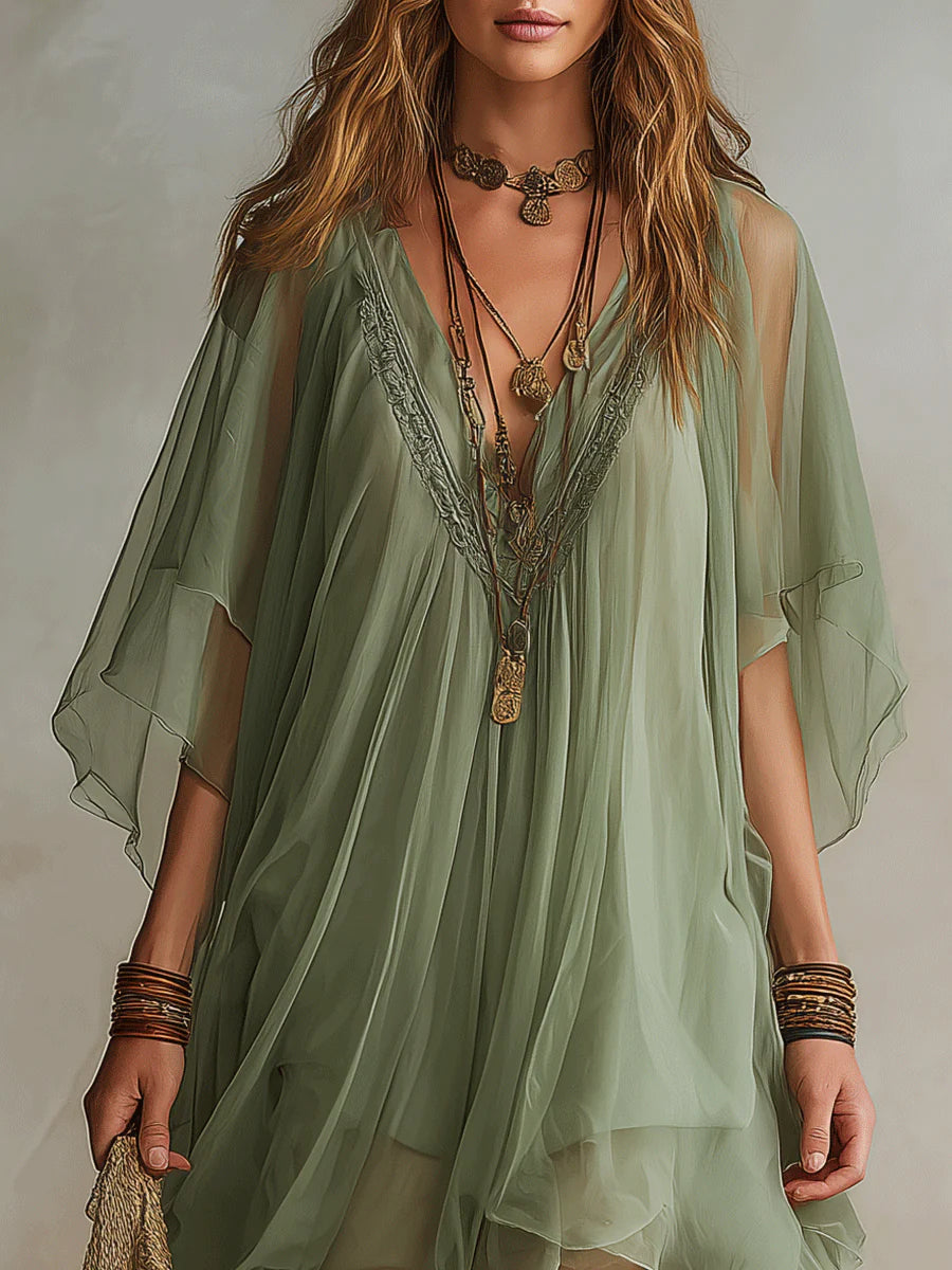 Aubree | Green Layered V-Neck Flowy Mini Dress
