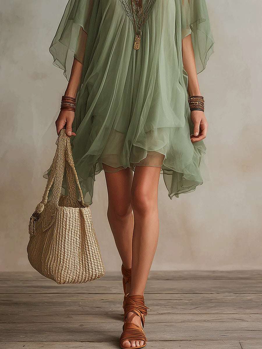 Aubree | Green Layered V-Neck Flowy Mini Dress