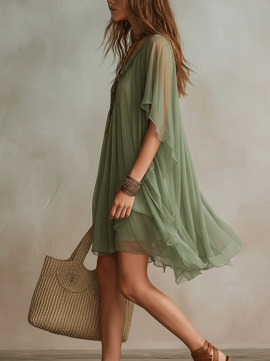 Aubree | Green Layered V-Neck Flowy Mini Dress