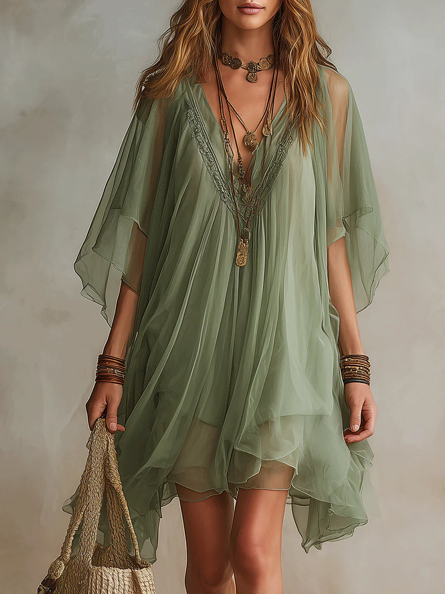 Aubree | Green Layered V-Neck Flowy Mini Dress