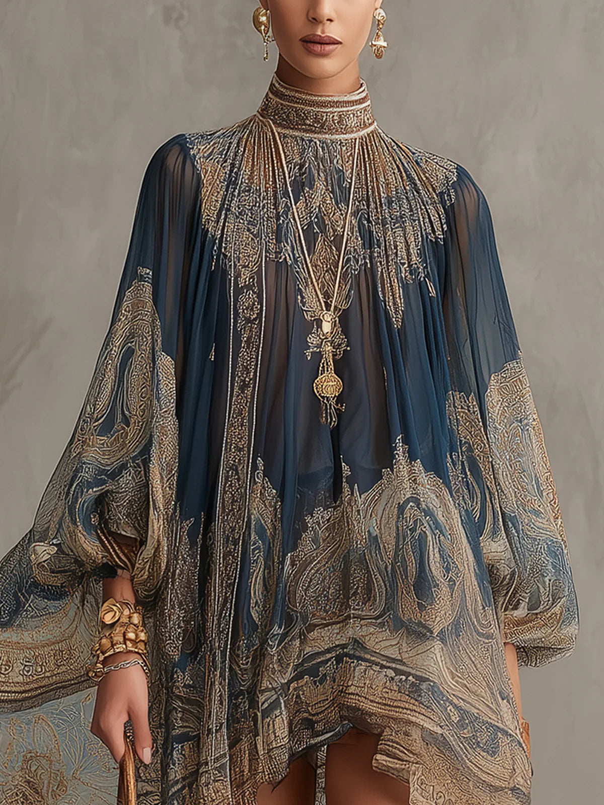 Lucia | Navy Baroque High-Neck Irregular Mini Dress