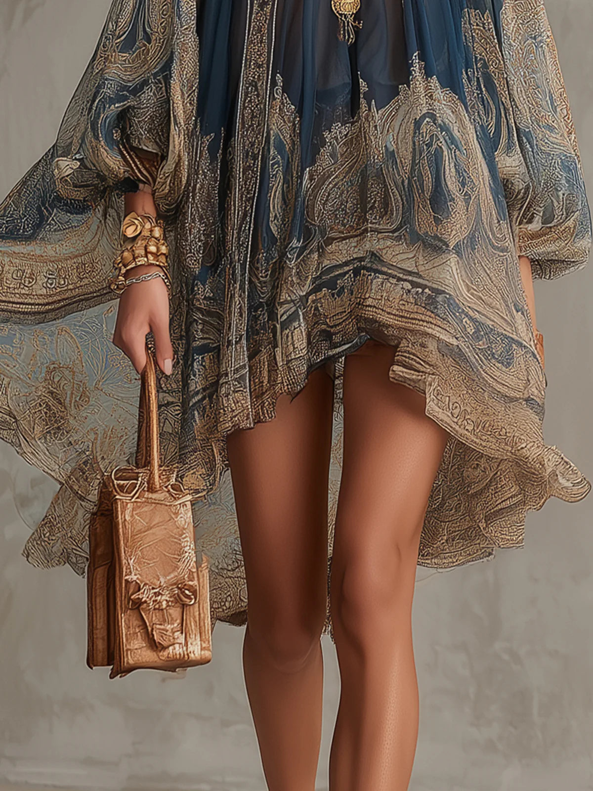 Lucia | Navy Baroque High-Neck Irregular Mini Dress