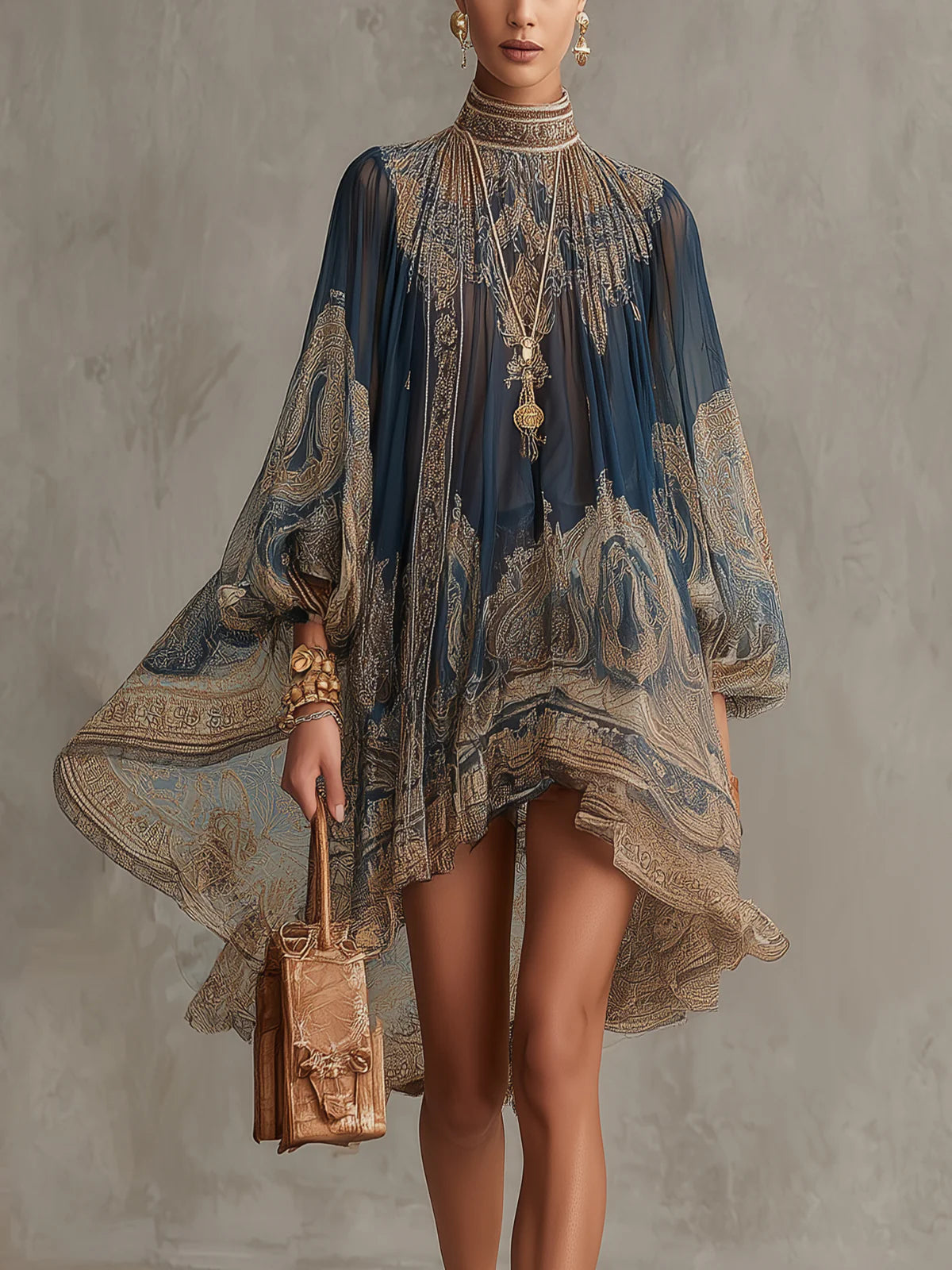 Lucia | Navy Baroque High-Neck Irregular Mini Dress