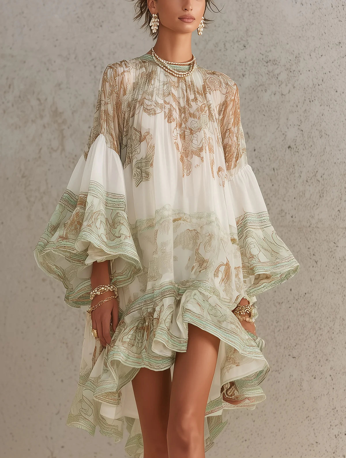 Hadley | Green Print Ruffle Hem Flounce Sleeve Mini Dress
