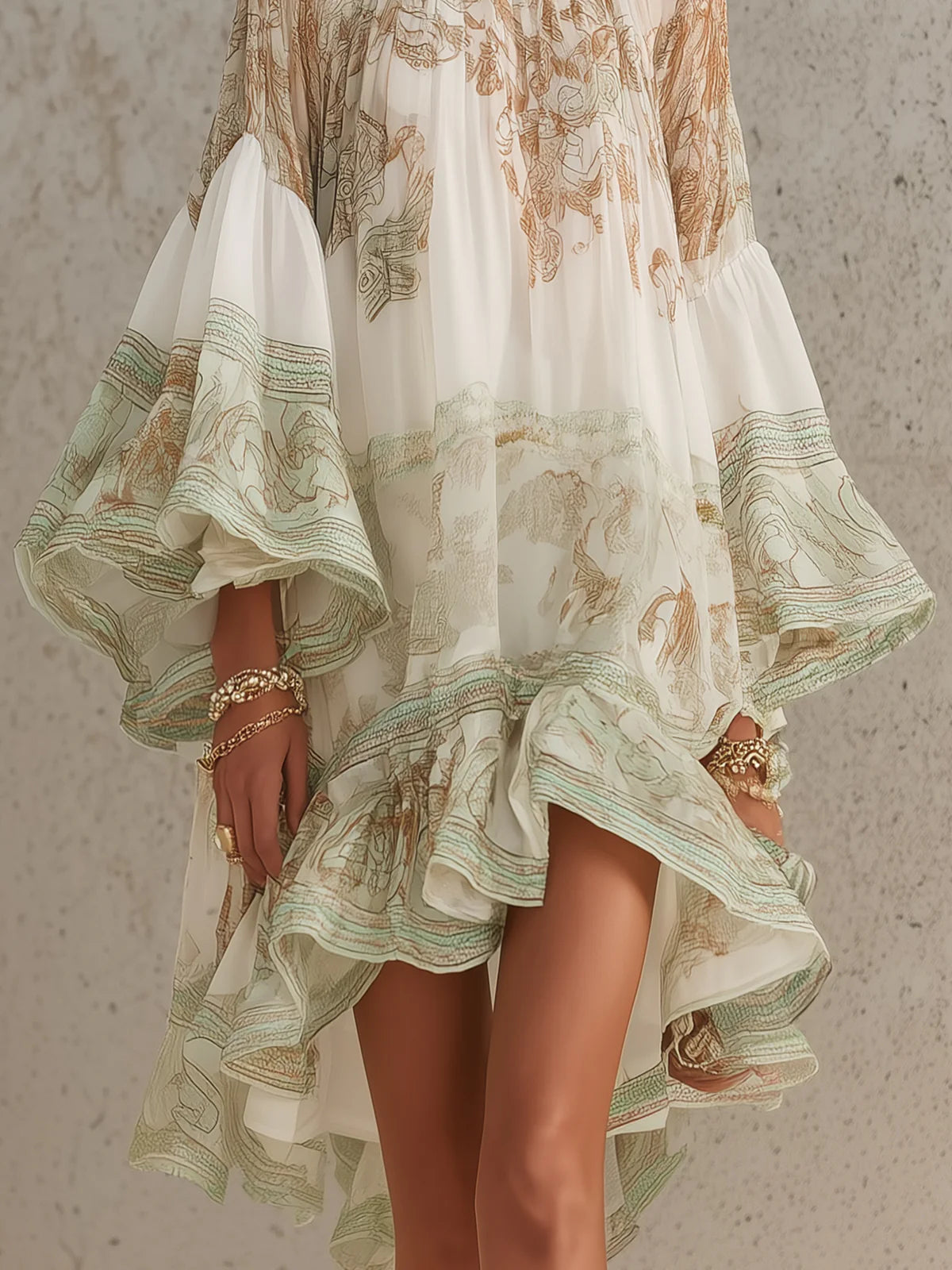 Hadley | Green Print Ruffle Hem Flounce Sleeve Mini Dress