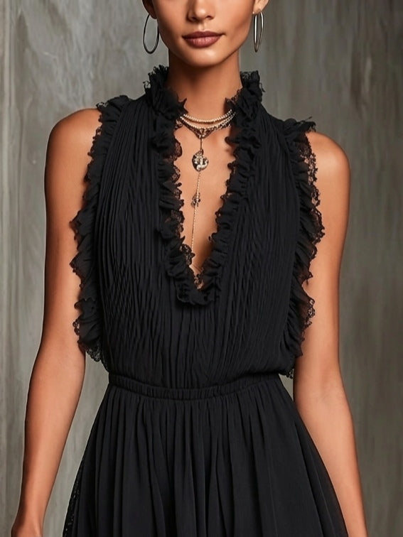 Sadie | Black Ruffle Trim Lace-Detail Mini Jumpsuit