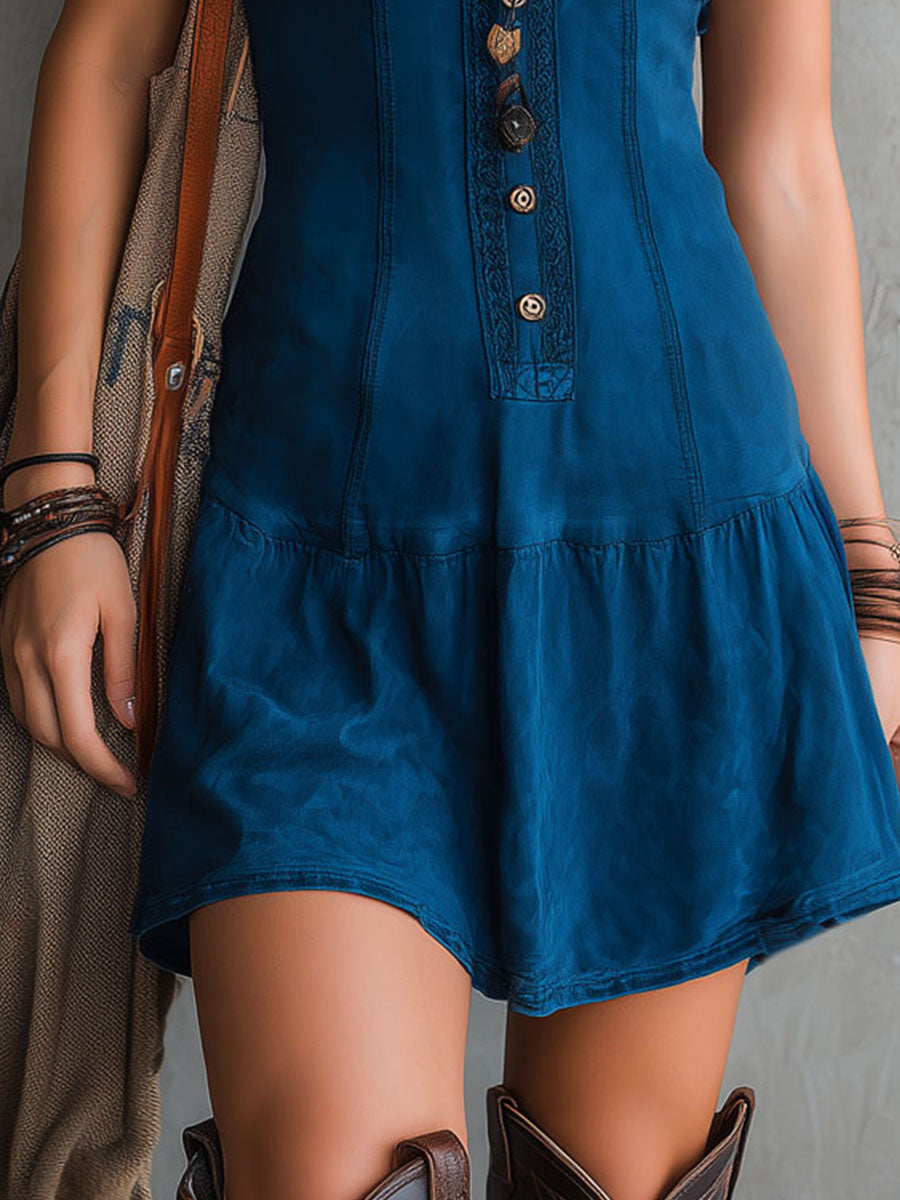 Norah | Bohemian Indigo V-Neck Button-Down Mini Dress