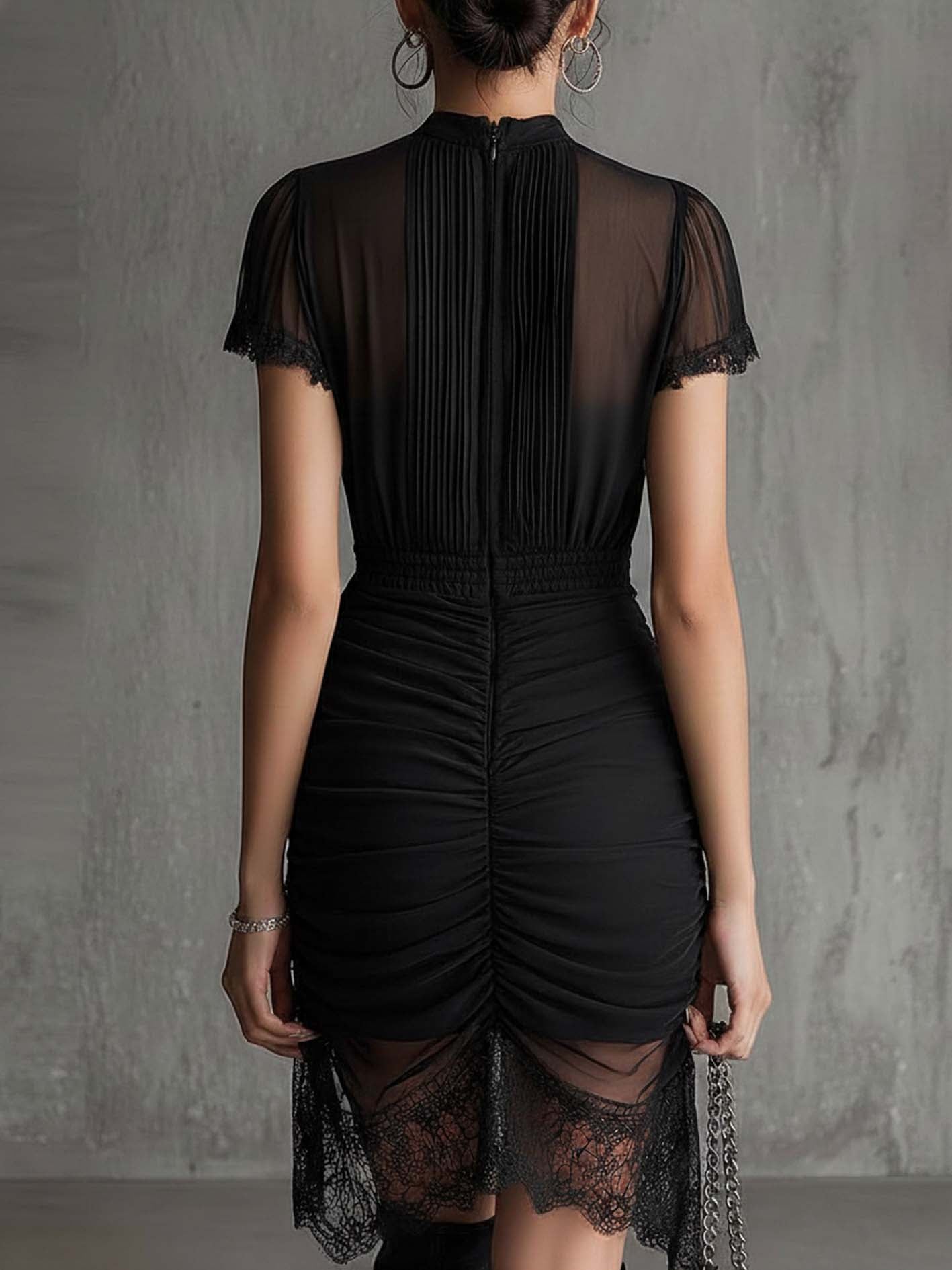 Vivian | Black Lace Trim Pleated Ruched-Waist Mini Dress