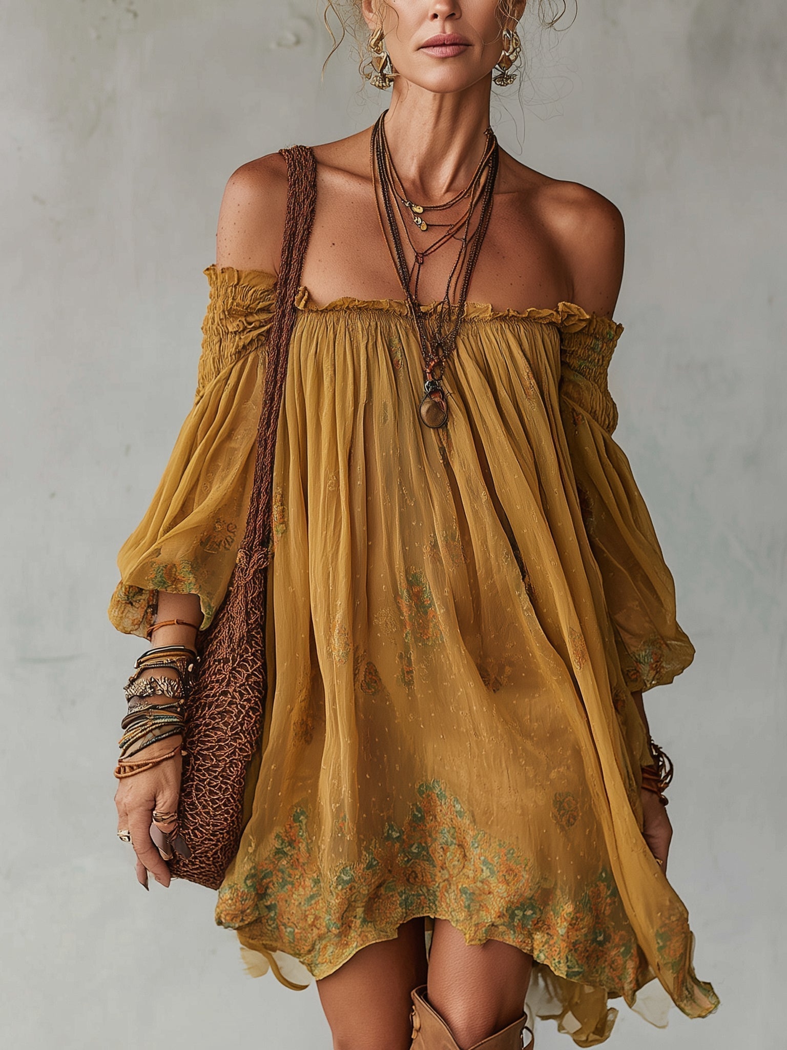 Elliana | Yellow Chiffon Floral Off-Shoulder Mini Dress