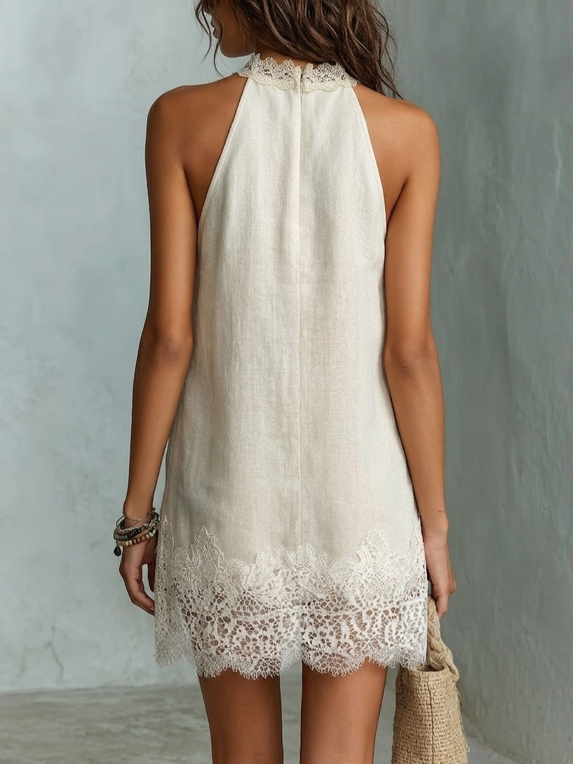 Amara | Off-White Round Neck A-Line Mini Dress