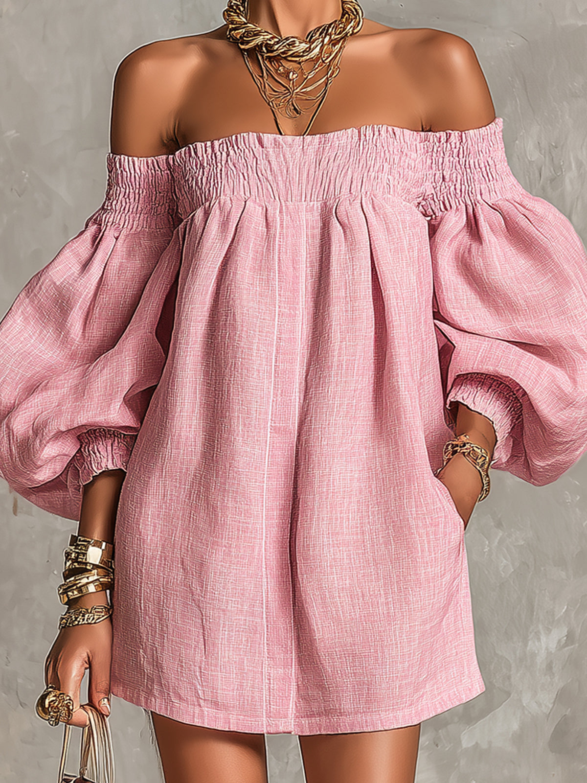Rose | Pink Lantern Sleeve Off-Shoulder A-Line Mini Dress
