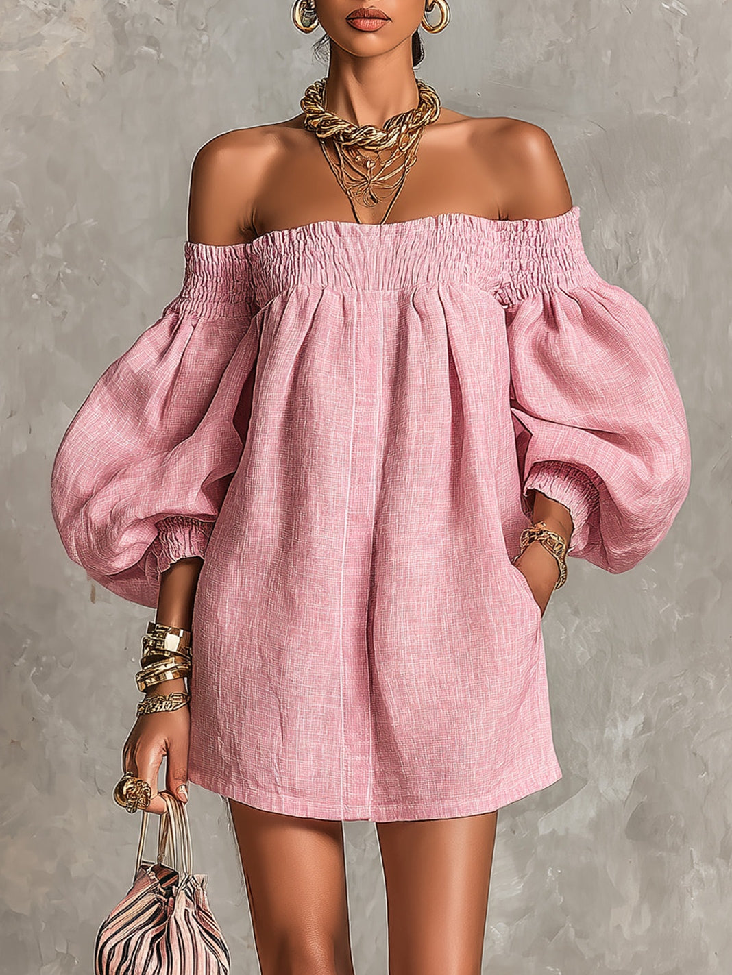 Rose | Pink Lantern Sleeve Off-Shoulder A-Line Mini Dress
