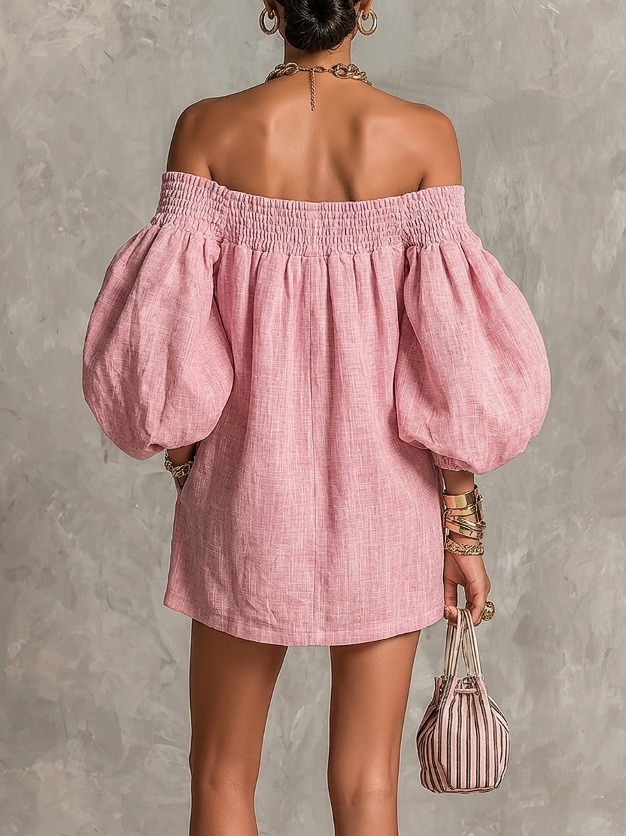 Rose | Pink Lantern Sleeve Off-Shoulder A-Line Mini Dress