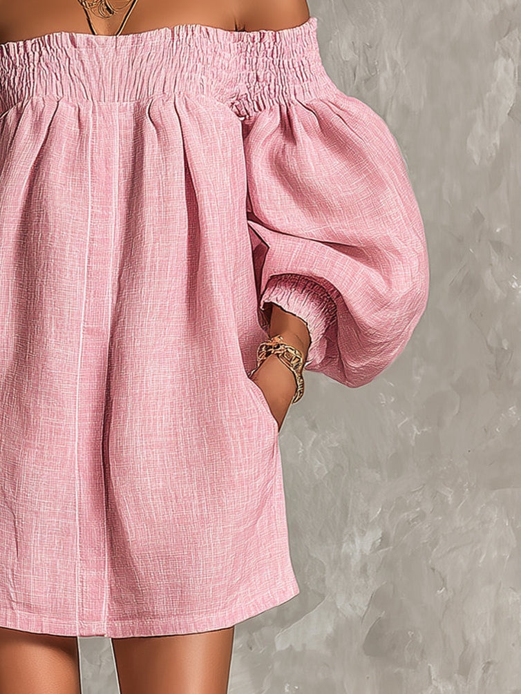 Rose | Pink Lantern Sleeve Off-Shoulder A-Line Mini Dress