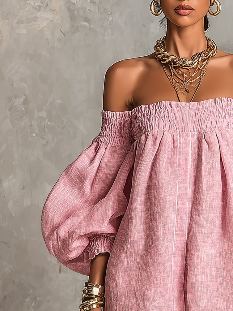 Rose | Pink Lantern Sleeve Off-Shoulder A-Line Mini Dress