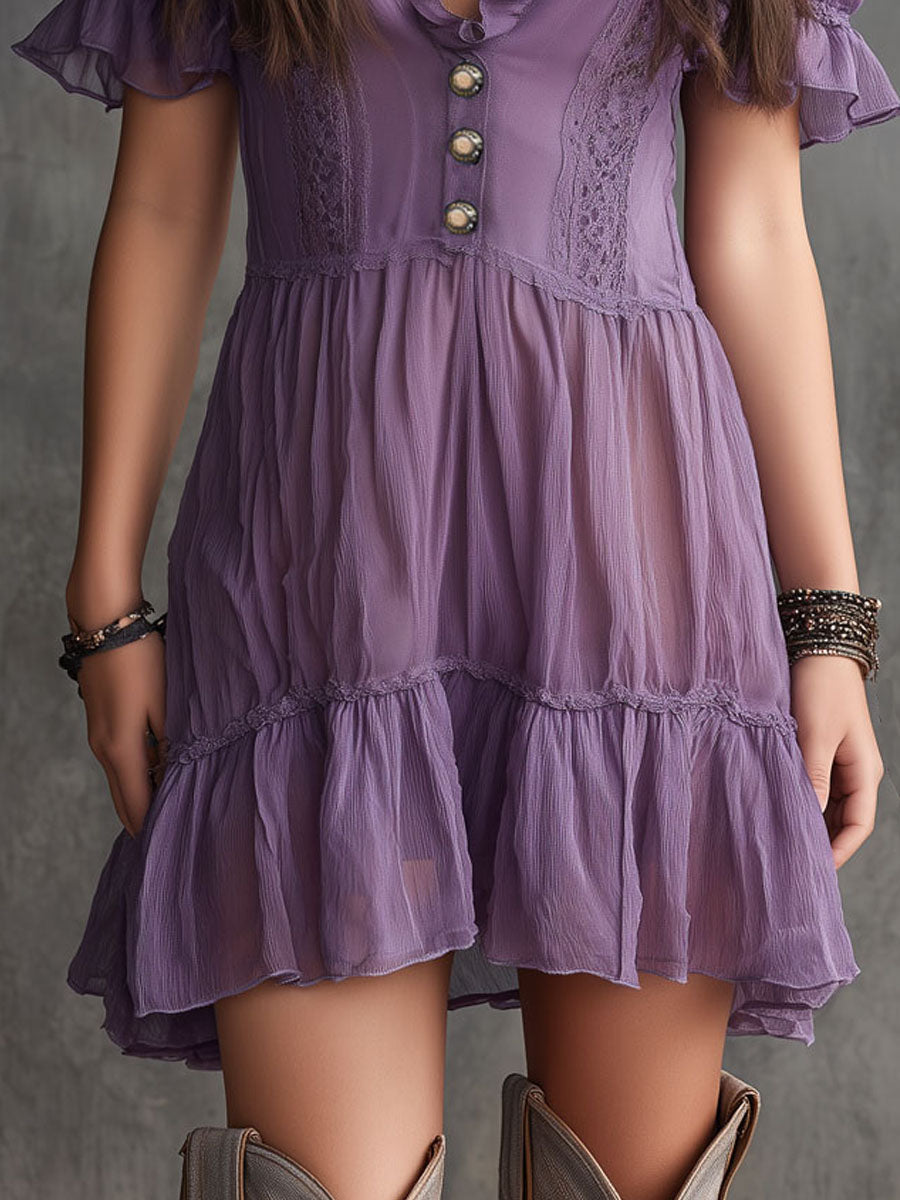 Lucy | Purple Puff-Sleeve Ruffled Button-Down Mini Dress