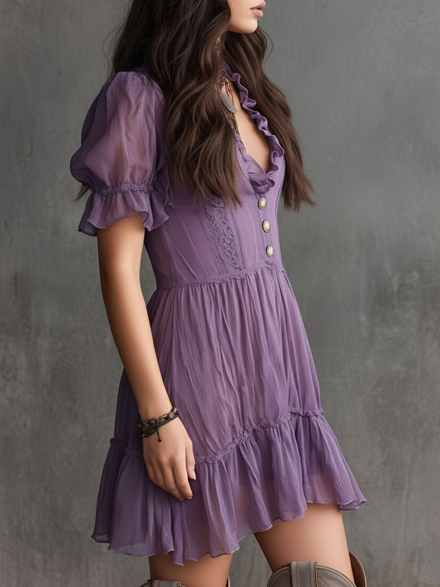 Lucy | Purple Puff-Sleeve Ruffled Button-Down Mini Dress