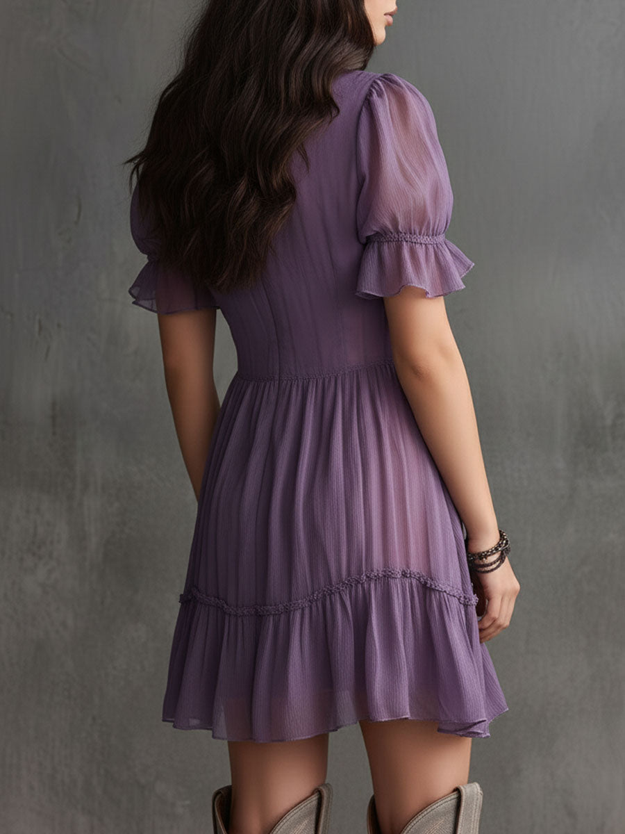 Lucy | Purple Puff-Sleeve Ruffled Button-Down Mini Dress
