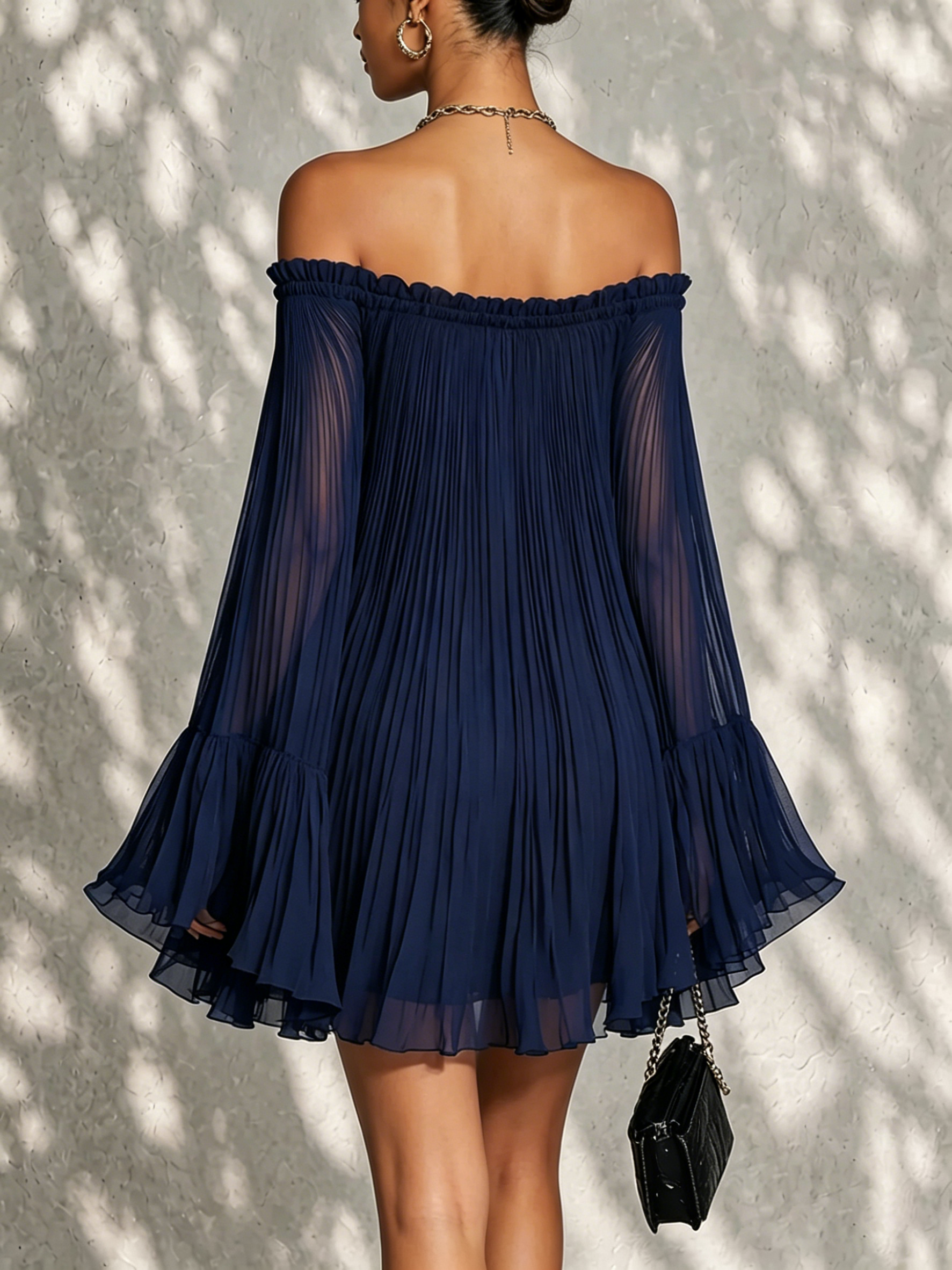 Elena | Navy Off-Shoulder Ruffled Bell Sleeve Mini Dress