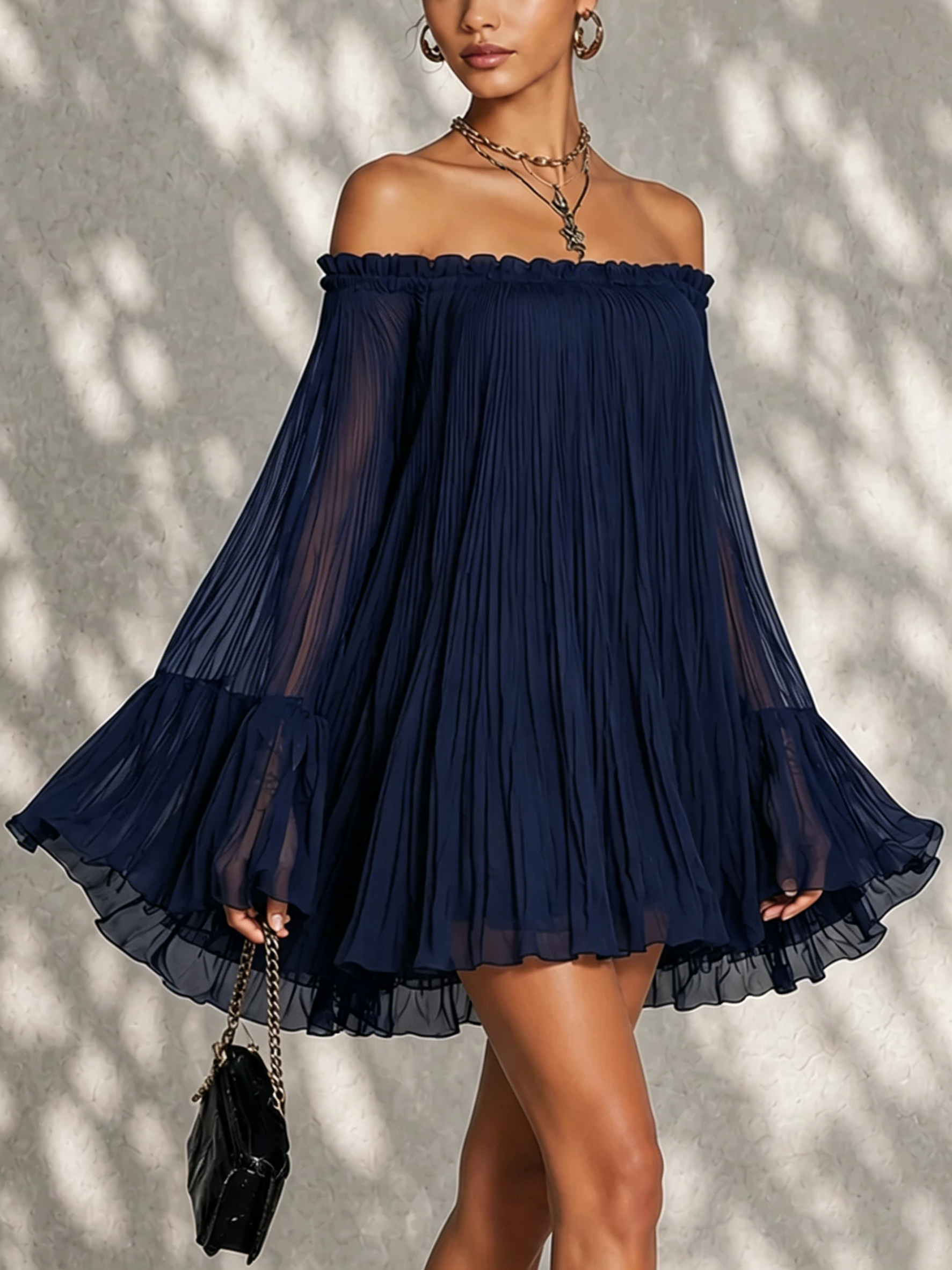 Elena | Navy Off-Shoulder Ruffled Bell Sleeve Mini Dress