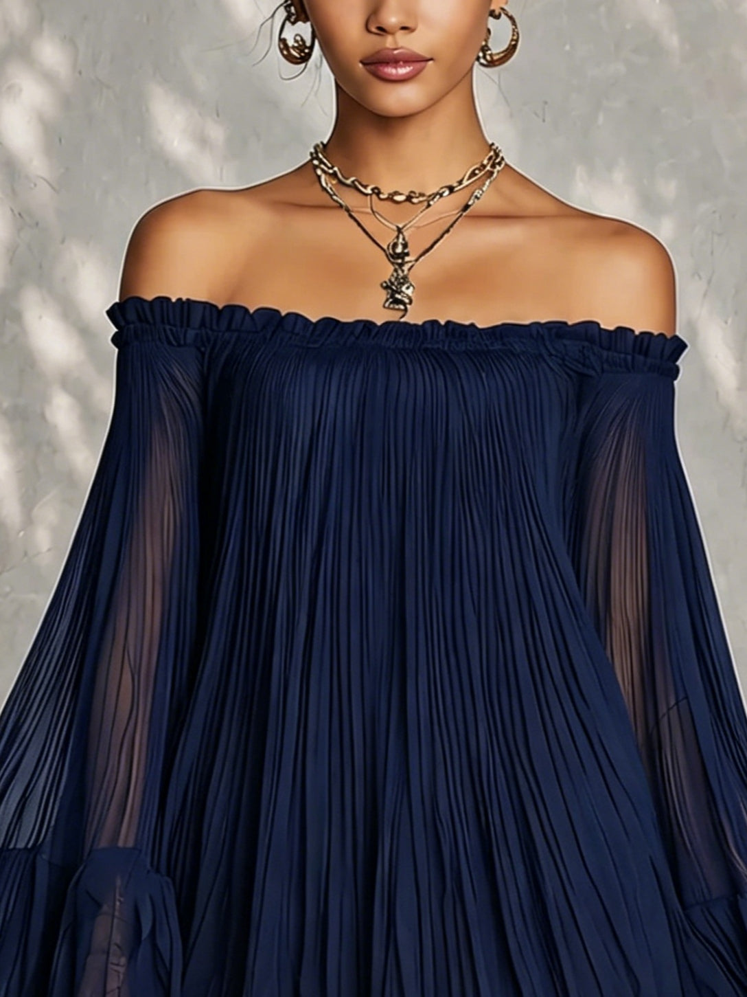 Elena | Navy Off-Shoulder Ruffled Bell Sleeve Mini Dress