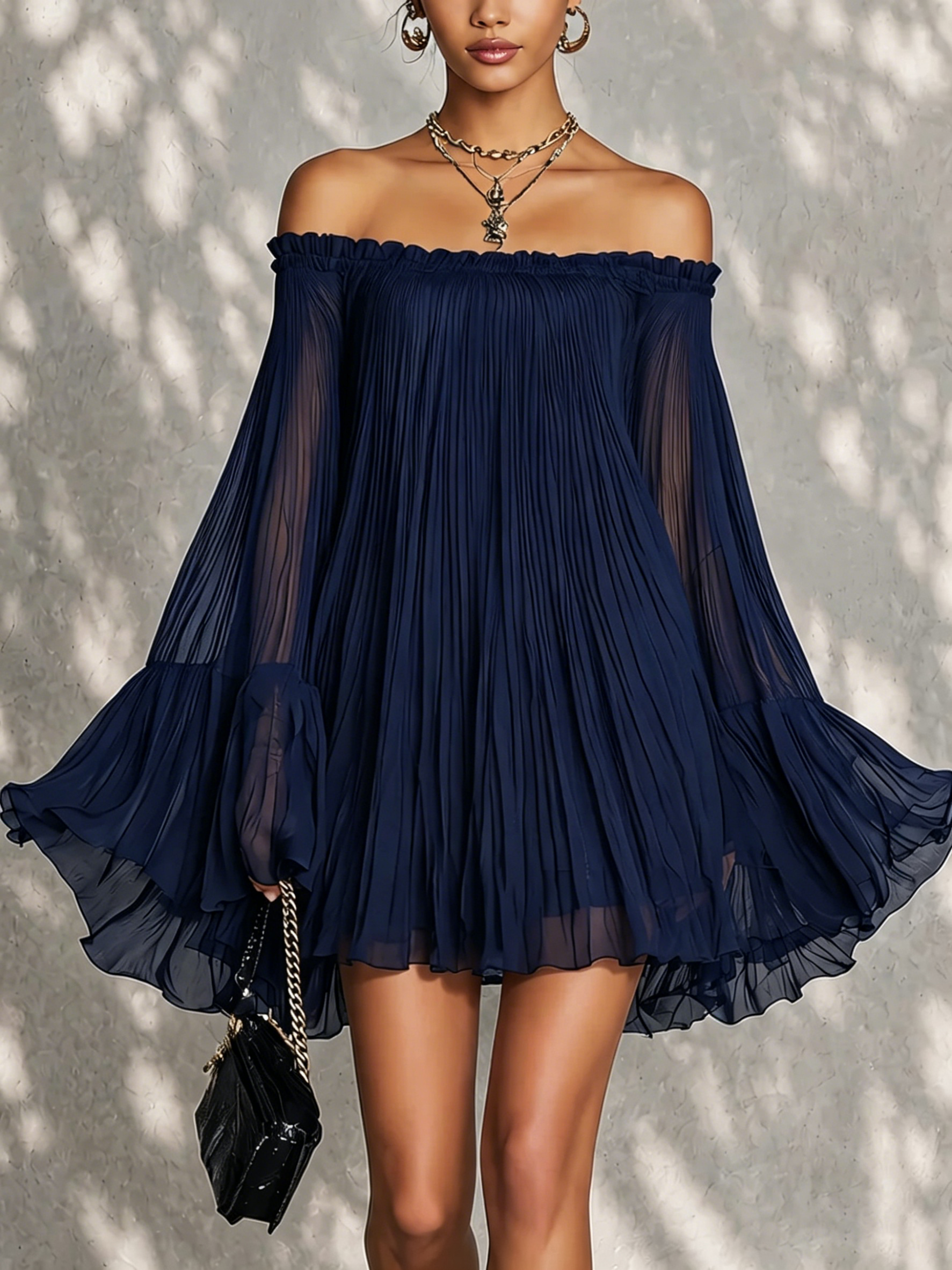 Elena | Navy Off-Shoulder Ruffled Bell Sleeve Mini Dress