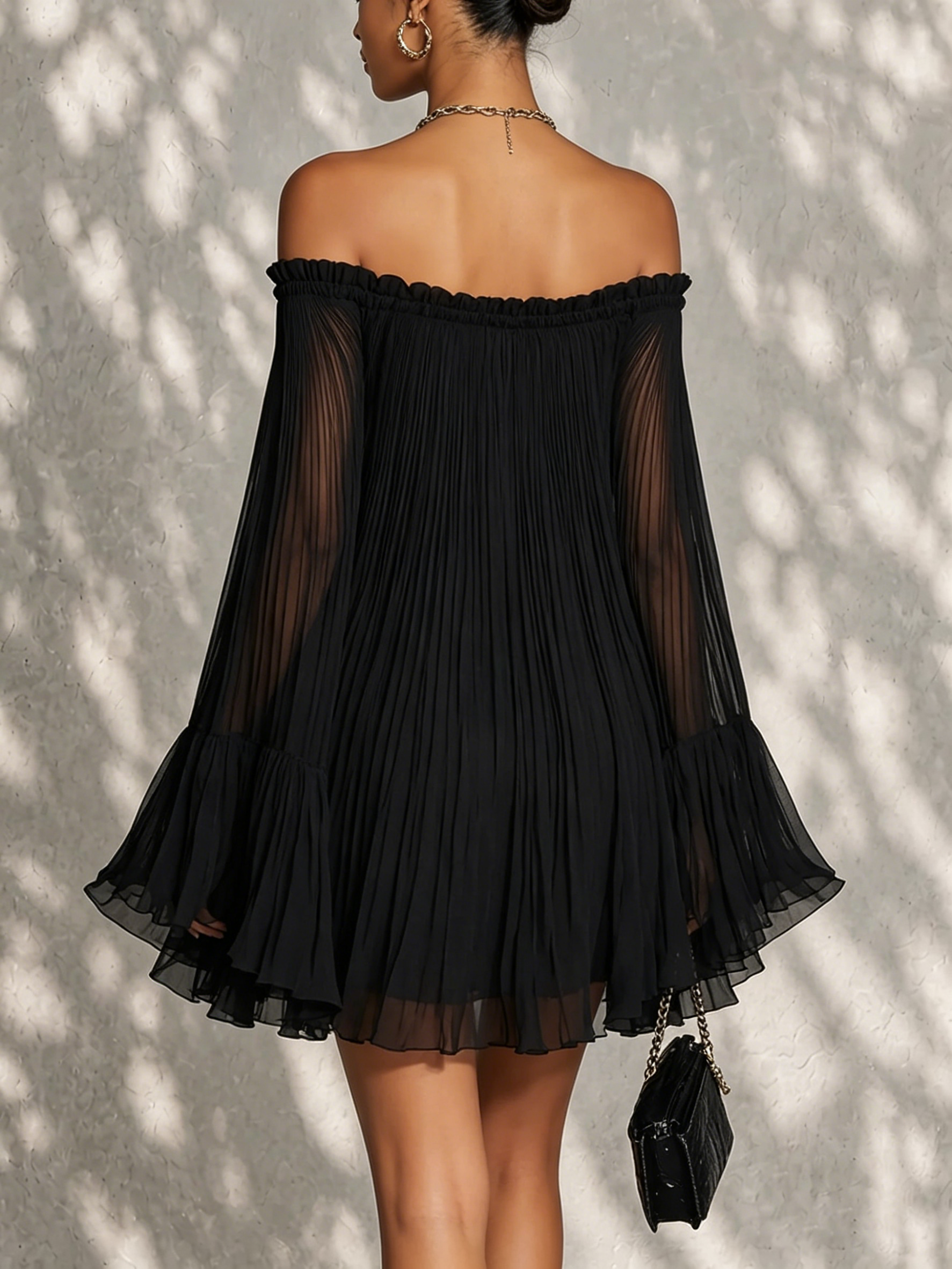 Jade | Black Off-Shoulder Ruffled Bell Sleeve Mini Dress