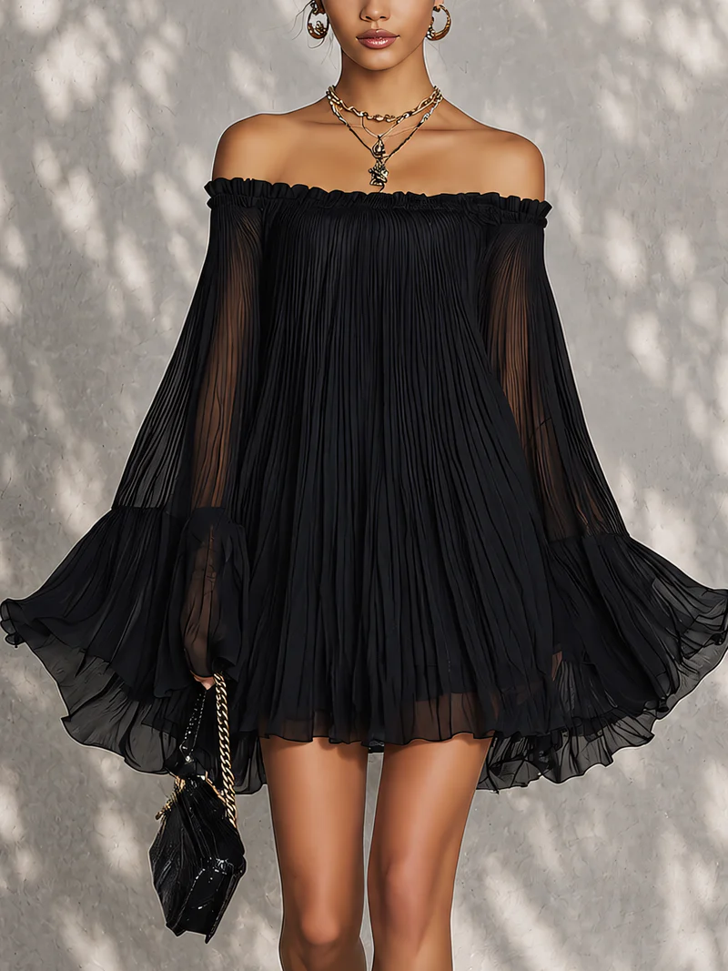 Jade | Black Off-Shoulder Ruffled Bell Sleeve Mini Dress
